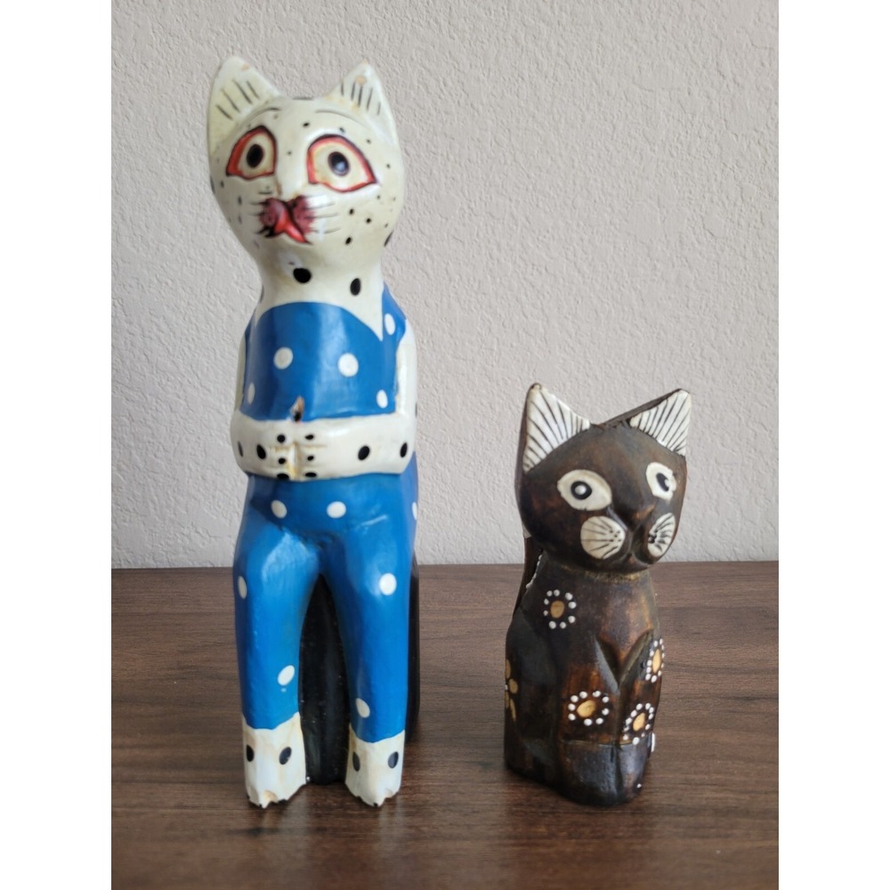 Wooden Cats Decor Incense Holder Painted Polka Dot Carved Folk Art Cat Lady